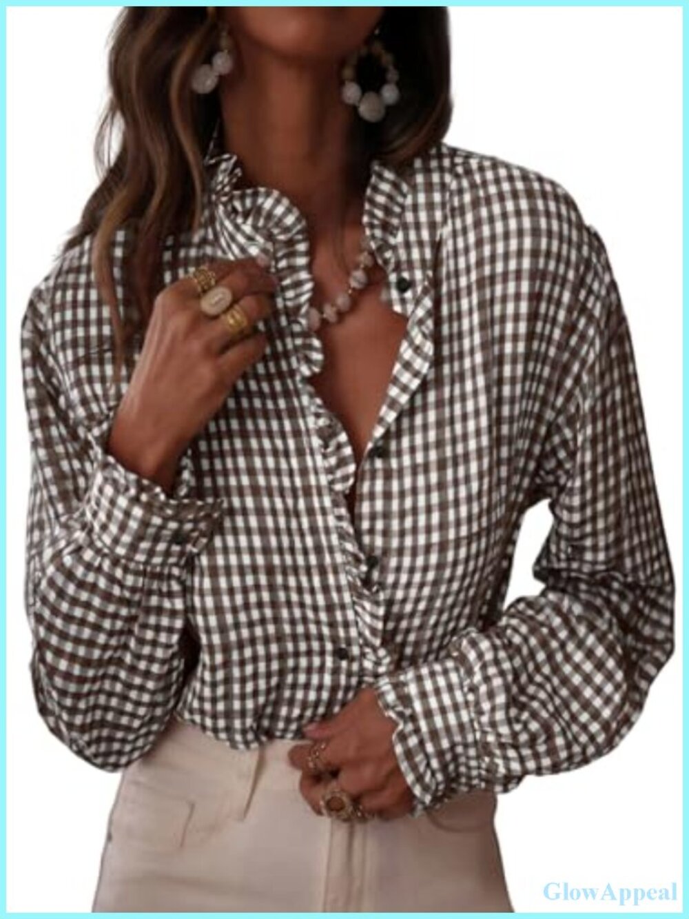 Womens Plaid Ruffle V Neck Button Down Blouse Gingham Shirt